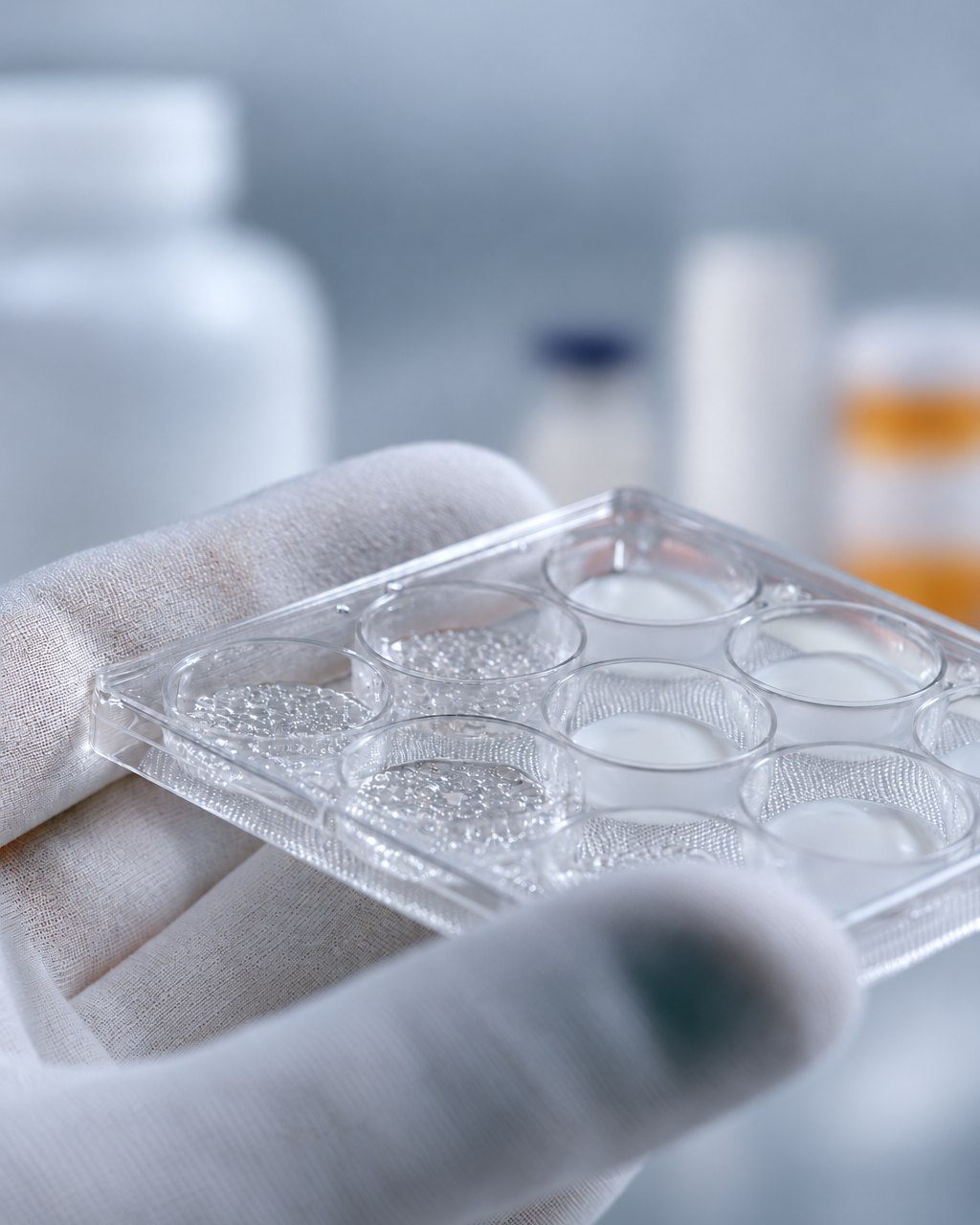 A gloved hand holding a clear six-well culture plate, with Oona’s medicines out of focus behind it.